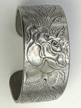 Salisbury Pewter Boho Wide Cuff Bracelet June Rose Flower of Month 7”